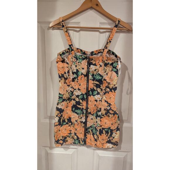 Floral Mini Dress Peach Orange Black Corset Sleeveless‎ Party Club Summer Cute - Picture 3 of 7